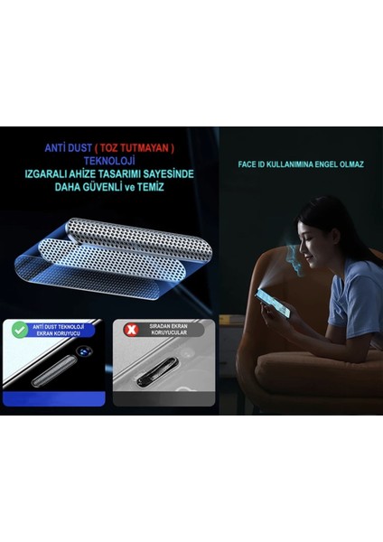 Iphone 14 Pro Max Ekran Koruyucu Toz Filitreli Izgaralı Anti Dust Tam Kaplayan Kırılmaz Cam