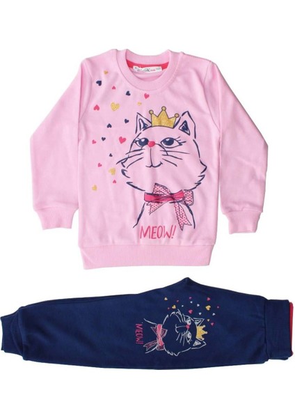 Kız Bebek Pembe Lacivert Kedi Baskılı 2'li Takım