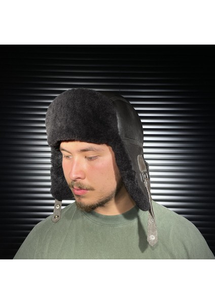 Kışlık Deri Kürklü Ushanka Pilot Unisex Şapkası