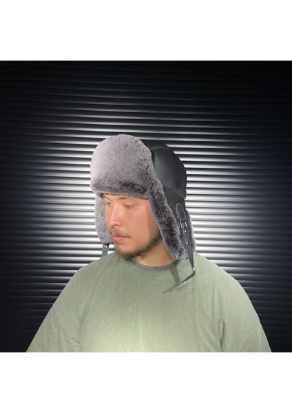 Kışlık Deri Kürklü Ushanka Pilot Unisex Şapkası