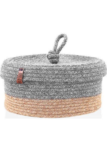 Jüt Kapaklı Yuvarlak Sepet Bambu Gri 25X15 cm