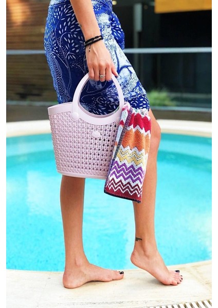 Örgü Desenli Küçük Boy Toz Pembe Plastik Plaj Çantası