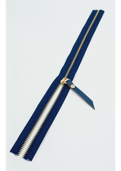 Gerçek Deri Başlıklı Lacivert Fermuar 40 cm Light Gold Metal