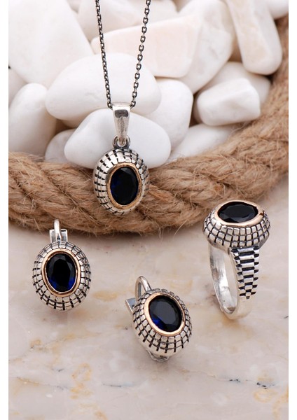 Safir Taşlı Elişi Gümüş Set 2581