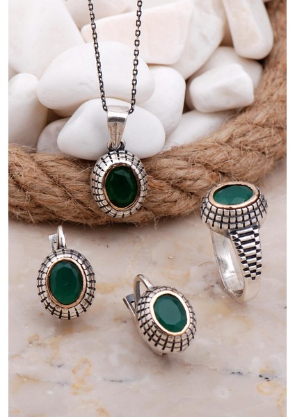 Kök Zümrüt Taşlı Elişi Gümüş Set 2579