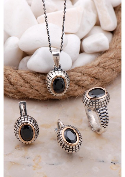 Oniks Taşlı Elişi Gümüş Set 2580