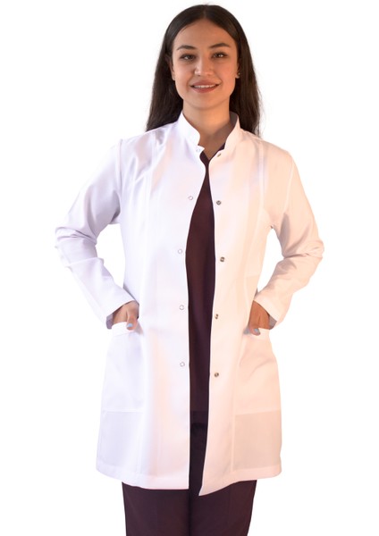 Hakim Yaka Orta Boy Beyaz Kadın Doktor Öğretmen Laboratuvar Önlüğü