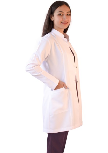 Hakim Yaka Orta Boy Beyaz Kadın Doktor Öğretmen Laboratuvar Önlüğü