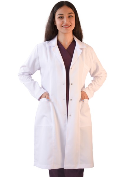 Gömlek Yaka Uzun Boy Beyaz Kadın Doktor Öğretmen Laboratuvar Önlüğü
