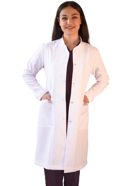 Hakim Yaka Uzun Boy Beyaz Kadın Doktor Öğretmen Laboratuvar Önlüğü