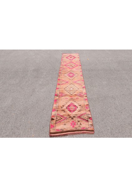 Kayra E x port Eskitme Halı, Türk Halısı, Halı, 71 x 389 cm Kahverengi Halı, El Dokuma Merdiven Halı, 5385