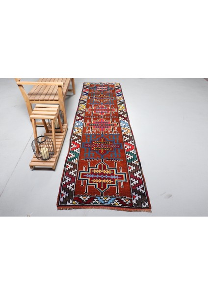 Kayra E x port Eskitme Halı, Türk Halısı, Halı, 84 x 308 cm Kahverengi Halı, El Yapımı Merdiven Halı, 9341
