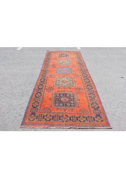Kayra E x port Eskitme Halı, Türk Halısı, Halı, 133 x 349 cm Turuncu Halı, Organik Merdiven Halı, 7099
