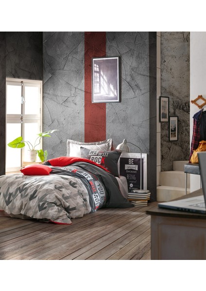 Genç Odası Tek Kişilik Lastikli Çarşaflı Nevresim Takımı Rock Kırmızı