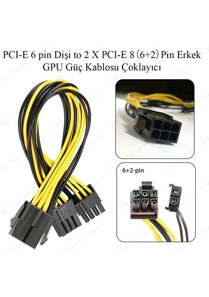 Pcı-E 6 Pin Dişi To 2 x Pcı-E 8 (6+2）pin Erkek Gpu Güç Kablosu Çoklayıcı