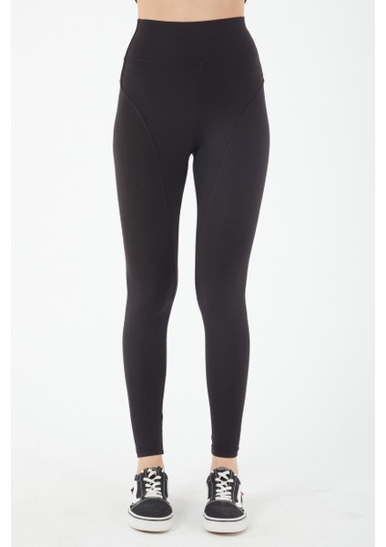 Kadın Siyah Yüksek Belli Karyoka Dikiş Detaylı Toparlayıcı Spor Tayt