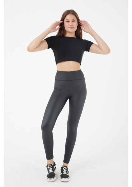 Kadın Siyah Yüksek Belli Içi Şardonlu Kalın Kemerli Mat Deri Tayt