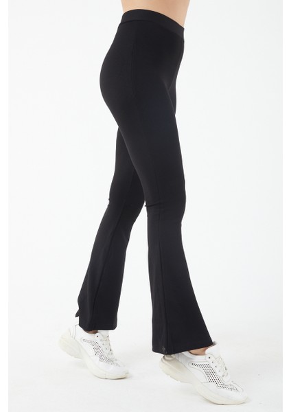Kadın Siyah Yüksek Belli Çelik Ispanyol Paça Örme Tayt fırsatları