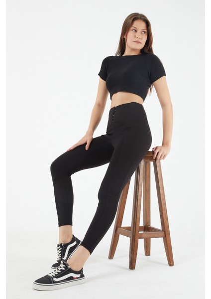 Kadın Siyah Yüksek Belli Dikiş Detaylı Agraflı Tayt