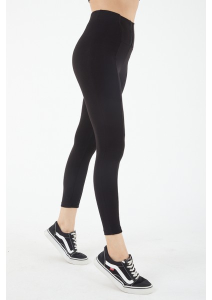 Kadın Siyah Yüksek Belli Dikiş Detaylı Agraflı Tayt modelleri