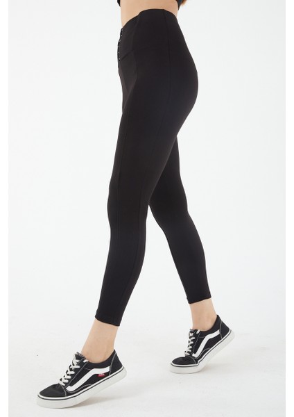 Kadın Siyah Yüksek Belli Dikiş Detaylı Agraflı Tayt fırsatları