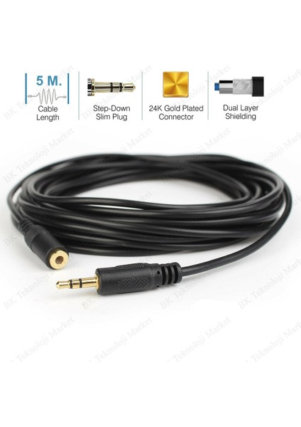 3.5mm Stereo Aux-Kulaklık Ses Uzatma Kablosu Dişi/erkek 5metre