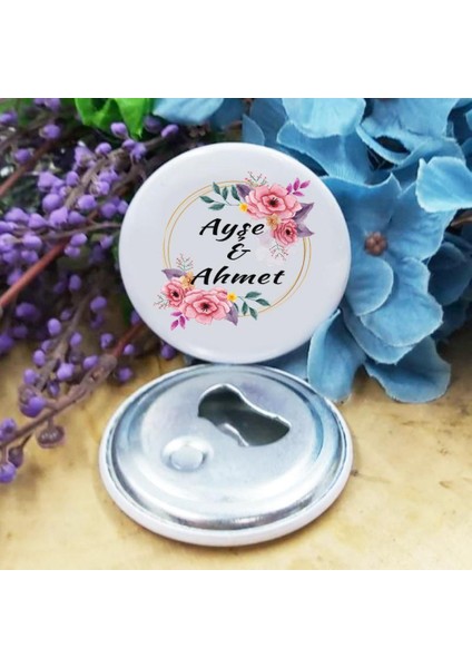 30 Adet Nikah Şekeri Nişan Kına Mıknatıslı Açacak Magnet Metal 6 cm Kişiye Özel Pembe