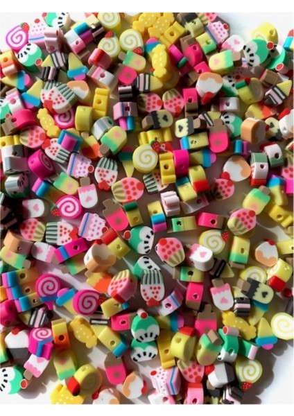 50 Adet Polimer Kil Fimo Karışık Cupcake Pasta Dondurma Figür Boncuk Hamur Boncuk
