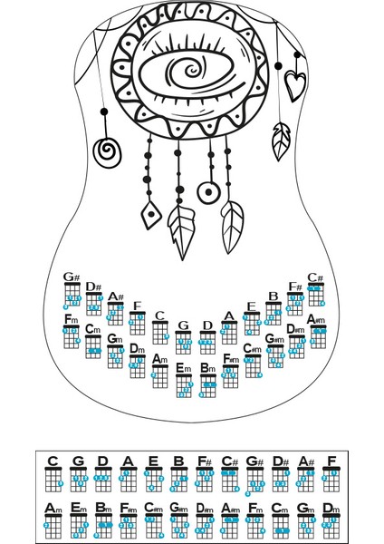 Gözyaşı Siyah Ukulele Akor Cetveli Tablosu Stickeri Etiketi fiyatları