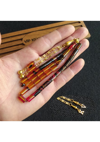 5,5X10 mm Kesme Ateşi Kehribar Tesbih Isme Özel Kişiselleştirilebilir Ahşap Kutulu Tespih