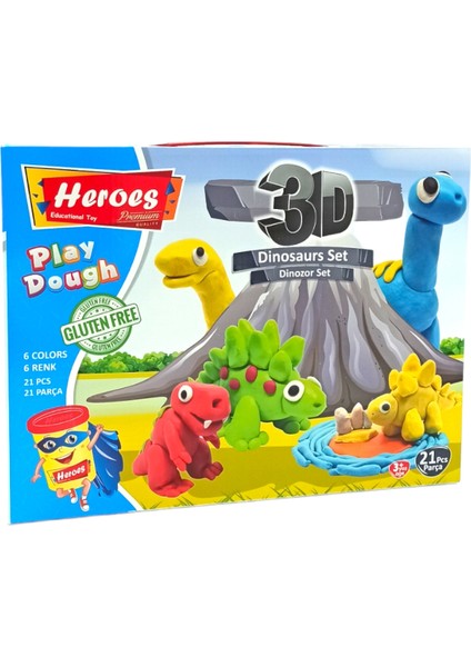 Dinozorlar Oyun Hamuru Seti 13 Adet Kalıplı 6 Renk 40GR. Hamurlu Merdaneli Toplam 21 Parçalı Set