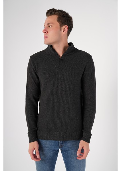 Antrasit Erkek Pamuklu Fermuarlı Dik Yaka Triko Kazak TRIST-1191
