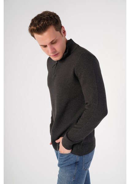 Antrasit Erkek Pamuklu Fermuarlı Dik Yaka Triko Kazak TRIST-1191 fiyatları