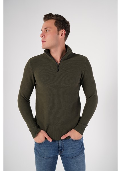 Erkek Haki %100 Pamuk Fermuarlı Dik Yaka Triko Kazak TRIST-1191