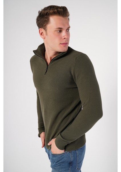 Erkek Haki %100 Pamuk Fermuarlı Dik Yaka Triko Kazak TRIST-1191 fiyatları