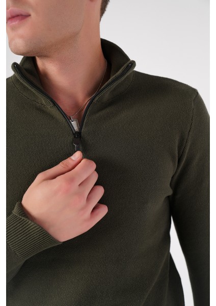 Erkek Haki %100 Pamuk Fermuarlı Dik Yaka Triko Kazak TRIST-1191 fırsatları