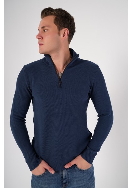 Indigo Erkek Pamuklu Fermuarlı Dik Yaka Triko Kazak TRIST-1191