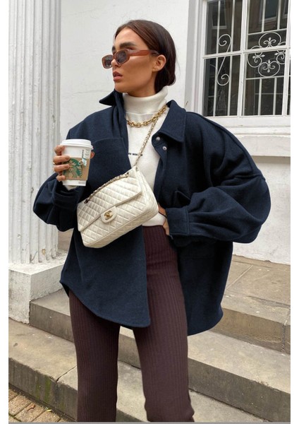 Mad Girls Lacivert Over Size Gömlek Ceket MG1281