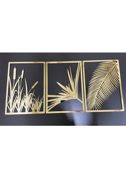 Yaprak Ve Sazlık 3'lü Tablo Mdf Üzeri Gold Pleksi Duvar Dekorasyon Her Biri 30x24 Cm