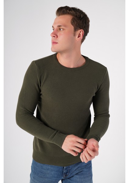 Erkek Haki %100 Pamuk Bisiklet Yaka Triko Kazak TRIST-1194