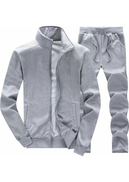 Dik Yaka Tam Fermuarlı 2 Iplik Şardonsuz Slim Fit Erkek Eşofman Takımı