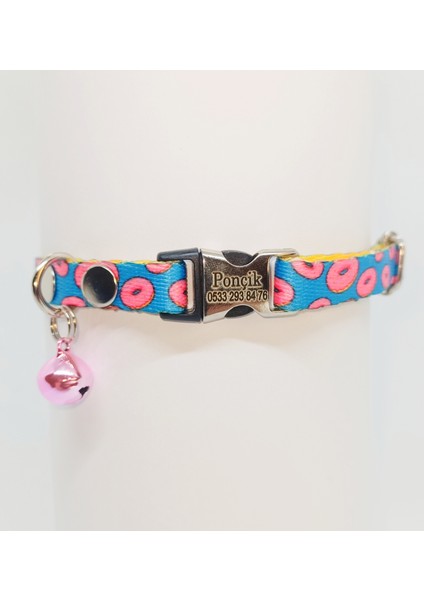 Metal Kilitli Donut Desenli Isimli Kedi Tasması, Isimli Kedi Köpek Tasması, Isimlikli Kedi Tasması