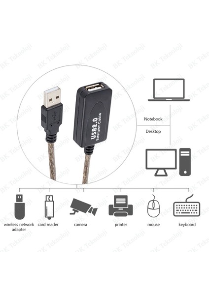 5 Metre Sinyal Güçlendiricili Yeni Çipli Aktif USB 2.0 Uzatma Kablosu