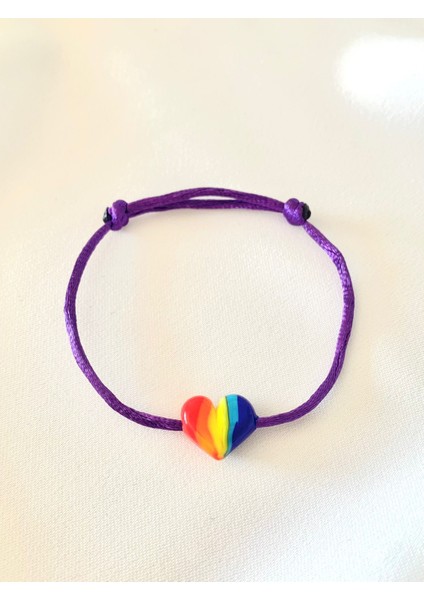 Gökkuşağı Murano Cam Kalp Mor Ip Bileklik