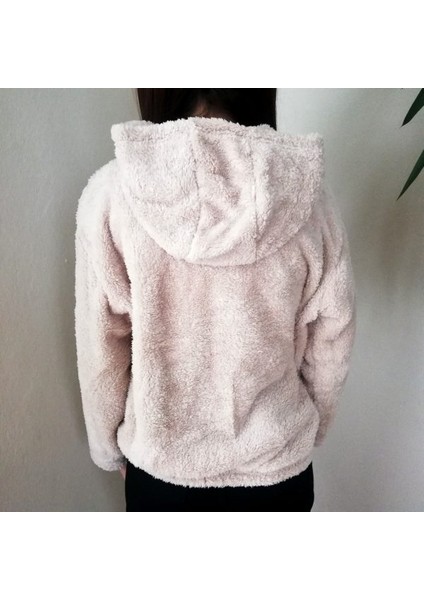 Yumuşacık Peluş Kapşonlu Fermuarlı Sweatshirt Hırka