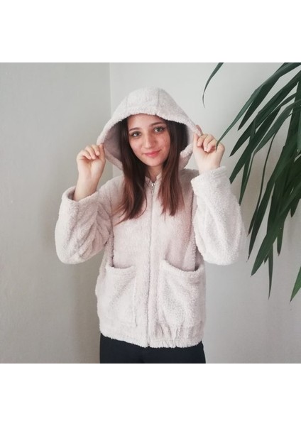 Yumuşacık Peluş Kapşonlu Fermuarlı Sweatshirt Hırka