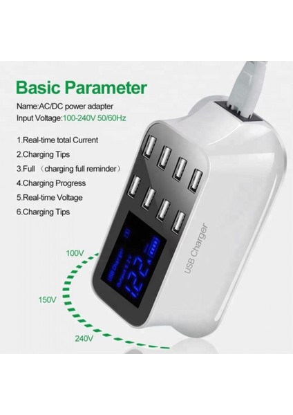 Çoklu USB 8 Port Şarj Doldurma Istasyonu Göstergeli fırsatları