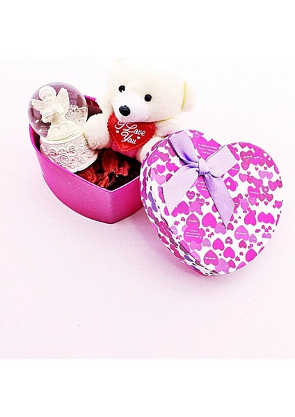 Sevgiliye Özel Günlere Hediye Sevimli Mini Ayıcık ve Melek Kar Küresi Hediye Kutusu