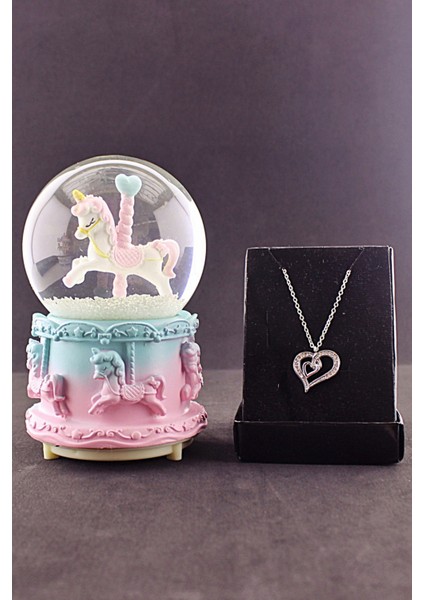 Sevgiliye Hediye Unicorn Orta Boy Kar Küresi Işıklı Müzikli 12CM ve Zirkon Taş Kolye Set