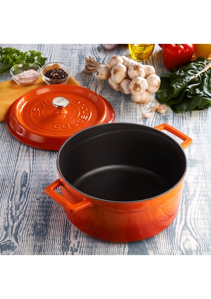 Döküm Yuvarlak Tencere. Trendy ÇAP(Ø)28CM. - Turuncu